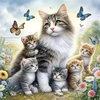 Diamantové malování Diamantové malování/Homfun - Koťátka a motýlci + perleťové kamínky (40x40)
