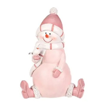 Sněhulák - polyresiová figurka, sedící, růžový obleček a čepka