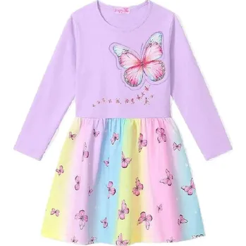 Dívčí oblečení BAVLNĚNÉ DÍVČÍ ŠATY S MOTÝLKY A DLOUHÝM RUKÁVEM NOVINKA Barva: Fialková, Velikost: 116