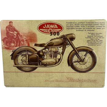 Plechová cedule JAWA Plechová cedule JAWA - JAWA 500 - HISTORIE 29 x 19 cm JAWA 500 - HISTORIE