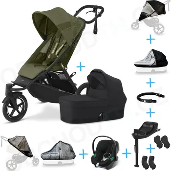 Dětské zboží Set 10v1 Cybex Avi Spin Moss Green Gold 2025 + korbička Cot S Moon Black + autosedačka Cybex s ISOFIX základnou + adaptéry + pláštěnky + ochranná síť + madlo