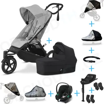 Dětské zboží Set 10v1 Cybex Avi Spin Fog Grey 2024 + korbička Cot S Moon Black + autosedačka Cybex s ISOFIX základnou + adaptéry + pláštěnky + ochranná síť + madlo