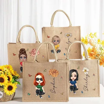 Polštář Jutová nákupní taška - Roztomilá holka Bez přední kapsy / M - 30x30x19cm