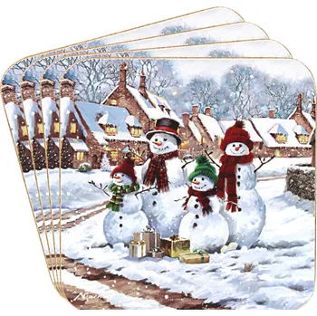 prostírání Leonardo, Anglie LP - Vánoční korkové prostírání pod skleničky Snowmen 4 ks - 10,5x 10,5 cm