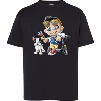 detske-levne-bavlnene-tricko-potisk-chlapec-pes-kolobezka Barva: Black -černá, Dětská bavlněná trička JHK: M