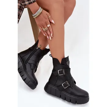 Dámské kozačky Kožené zateplené dámské kotníčkové boty na platformě s přezkami Vinceza 66842 Barva: Černá, Velikost: 40