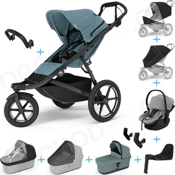 Kočárek Set 10v1 Thule Urban Glide 3 Mid blue s magnetickou sponou 2025 + madlo + korbička Mid blue + pláštěnky a moskytiéry Thule + Autosedačka Thule Maple Light Gray s ISOFIX základnou Thule Alfi a adaptéry