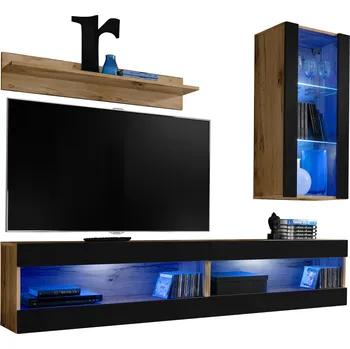 Obývací stěna Sestava TV nábytku TIVOLI SET5 Dub Wotan/Černá, Modré LED osvětlení