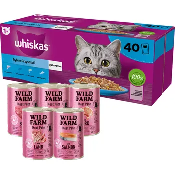 Krmivo pro kočku WHISKAS Adult sáčky 40 x 85 g Fishy Treats + WILD FARM Pate 5x400g MIX