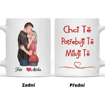 Hrnek - Objímající se pár - Chci tě. Potřebuji tě. Miluji tě Červená