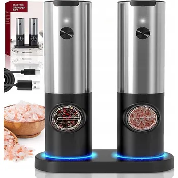 Kuchyňský mlýnek ELEKTRICKÝ MLÝNEK NA SŮL A PEPŘ Z OCELI SE ZÁKLADNOU A LED OSVĚTLENÍM