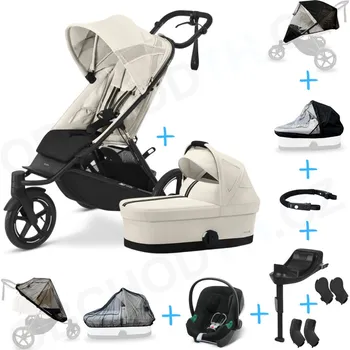 Přeprava dětí Set 10v1 Cybex Avi Spin Seashell Beige 2024 + korbička Cot S Seashell Beige + autosedačka Cybex s ISOFIX základnou + adaptéry + pláštěnky + ochranná síť + madlo
