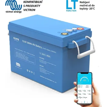 Trakční baterie Baterie LiFePO4 12,8V 200Ah, 2560Wh, bluetooth smart BMS, funkce ohřevu, IP67, možnost propojení s Victron Cerbo GX, CAN/RS485 com port, Lithium-železo-fosfátová baterie (Náhrada za trakční baterie, lithiová baterie, smart BMS, LiFePO4 baterie, solární)