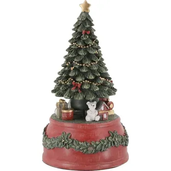 Vánoční dekorace Višňovo-zelená antik hrací skříňka stromek Noël - Ø 10*18,5 cm