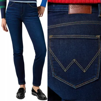 Dámské džíny Wrangler SLIM TMAVĚ MODRÉ ROVNÉ DÁMSKÉ DŽÍNY S VYSOKÝM PASEM W27 L32