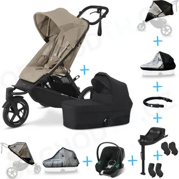 Dětské zboží Set 10v1 Cybex Avi Spin Almond Beige 2024 + korbička Cot S Moon Black + autosedačka Cybex s ISOFIX základnou + adaptéry + pláštěnky + ochranná síť + madlo