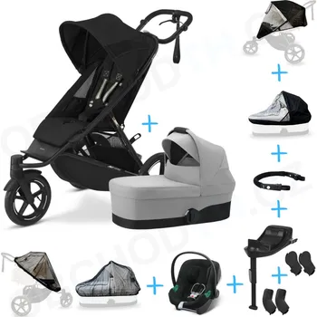 Dětské zboží Set 10v1 Cybex Avi Spin Moon Black 2024 + korbička Cot S Fog Grey + autosedačka Cybex s ISOFIX základnou + adaptéry + pláštěnky + ochranná síť + madlo