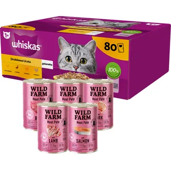 Krmivo pro kočku WHISKAS Adult sáček 80 x 85 g Drůbeží hostina + WILD FARM Pate 5x400g MIX