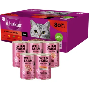 Krmivo pro kočku WHISKAS Adult 80 x 85 g Classic Meals + WILD FARM Pate 5x400g MIX