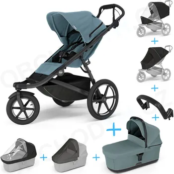 Dětské zboží Set 7v1 Thule Urban Glide 3 Mid blue s magnetickou sponou 2025 + pláštěnka + ochranná síť + madlo + korbička Mid blue + pláštěnka + ochranná síť na korbičku