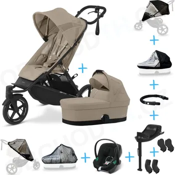 Kočárek Set 10v1 Cybex Avi Spin Almond Beige 2024 + korbička Cot S Almond Beige + autosedačka Cybex s ISOFIX základnou + adaptéry + pláštěnky + ochranná síť + madlo