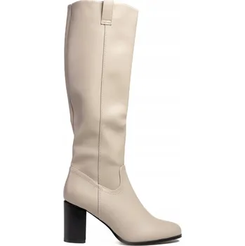 Dámské kozačky ŠEDÉ KLASICKÉ KOZAČKY NAD KOLENA NA SLOUPKU Z EKO KŮŽE SERGIO LEONE 39