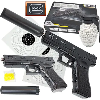 Dětská zbraň Kovová pistole GLOCK 17, 100% KOV ASG, na kuličky + Granát 800 ks + terče