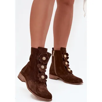 Dámské kozačky Semišové dámské kotníkové boty Zazoo 3085 s ozdobnými květinami Barva: Béžová, Velikost: 38