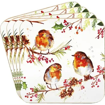 prostírání Leonardo, Anglie LP - Vánoční korkové prostírání pod skleničky WINTER ROBINS 4 ks - 10,5x 10,5 cm