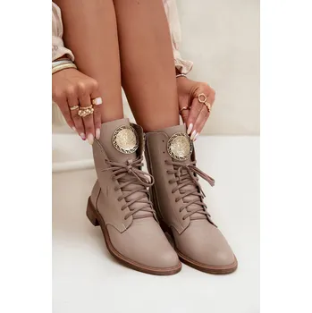 Dámské kozačky Kožené dámské kotníkové boty na plochém podpatku se zlatým detailem Zazoo 3084 Barva: Béžová, Velikost: 40