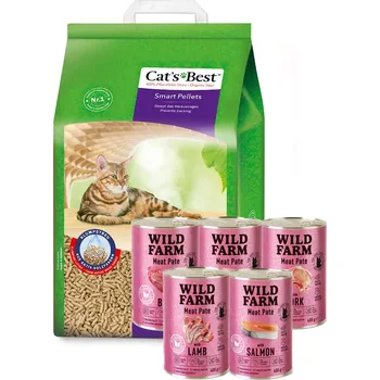 JRS Cats Best Nature Gold - stelivo pro dlouhosrsté kočky 20l / 10kg + WILD FARM Pate 5x400g MIX