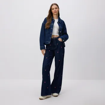 Dámské džíny Reserved - Džíny wide leg s výšivkou - tmavomodrá - 624GT-59J - 624GT-59J-36