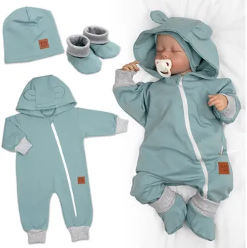 Kojenecký overall Rostoucí teplákový overal pro miminko, čepice, botky, 3D, Nature - ledová máta, šedá