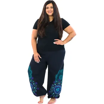 Dámské kalhoty Himalife Kalhoty Makaha - černá s tyrkysovou a fialovou Velikost: XXL/3XL - Móda pro plnoštíhlé, Oblečení nadměrné velikosti
