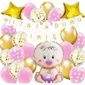 Balónek Sada balónků, banner Vítej doma, jméno miminko, narození holčičky, růžová
