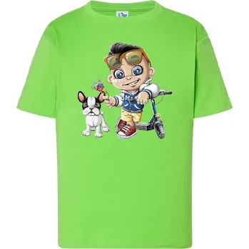 Chlapecké tričko detske-levne-bavlnene-tricko-potisk-chlapec-pes-kolobezka Barva: Lime - limetková, Dětská bavlněná trička JHK: M