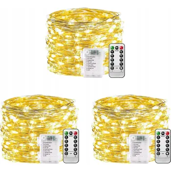 Vánoční osvětlení 3x LED SVĚTÝLKA DRÁTEK 10 METRŮ 100 LED NA BATERIE, TEPLÁ BÍLÁ, SADA