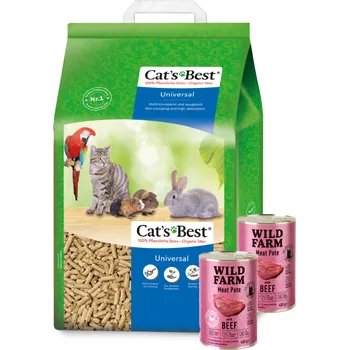 Podestýlka pro kočku Cat's Best Universal 20 l + WILD FARM Pate Beef 2x400g