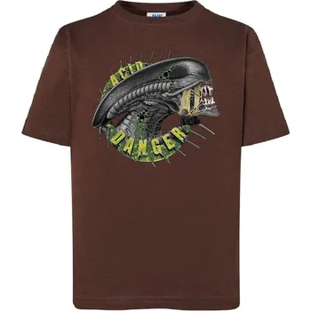 Chlapecké tričko detske-levne-bavlnene-tricko-potisk-vetrelec Barva: Chocolate - čokoládově hnědá, Dětská bavlněná trička JHK: L