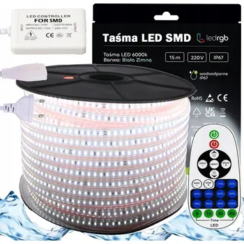 LED osvětlení SADA LED pásek SMD 230V 15m 6000K BÍLÁ STUDENÁ + STMÍVAČ DÁLKOVÝ OVLADAČ IR IP67