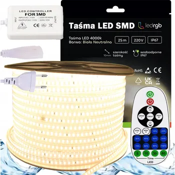 LED páska SADA LED pásek SMD 230V 25m 4000K BÍLÁ NEUTRÁLNÍ + STMÍVAČ DÁLKOVÝ OVLADAČ IP67