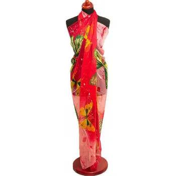 Šátek Pareo dámské - červeno-růžové s potiskem