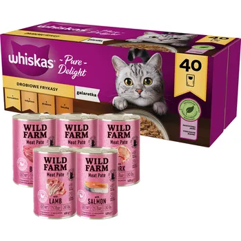 Krmivo pro kočku WHISKAS Adult sáčky 40 x 85 g Drůbeží hranolky + WILD FARM Pate 5x400g MIX
