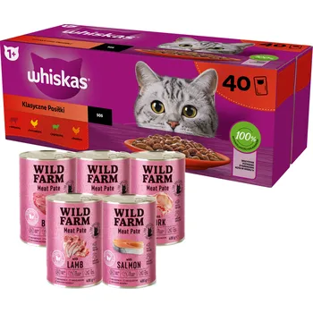 Krmivo pro kočku Whiskas Klasické pokrmy kuře hovězí jehně drůbež ve šťávě 40 x 85 g + WILD FARM Pate 5x400g MIX