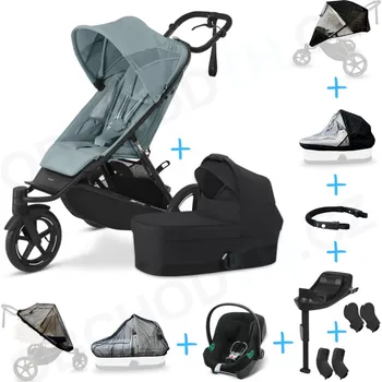 Dětské zboží Set 10v1 Cybex Avi Spin Stormy Blue 2024 + korbička Cot S Moon Black + autosedačka Cybex s ISOFIX základnou + adaptéry + pláštěnky + ochranná síť + madlo