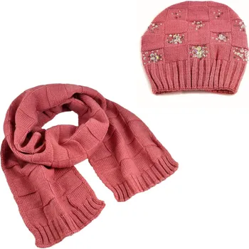 Čepice Set z vlny šála a čepice - růžový
