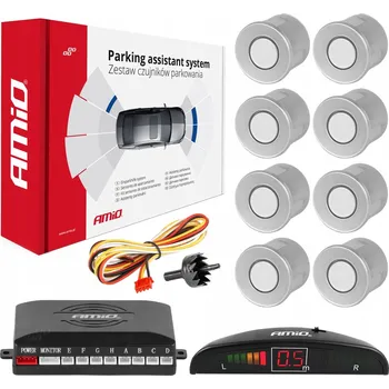 Parkovací asistent Parkovací senzory AMiO s LED displejem a bzučákem, 8 senzorů 22mm, stříbrné