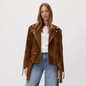 Dámský kabát Reserved - Kožená bunda oversize z imitace semiše s páskem - zlatavá hnědá - WM904-82X - WM904-82X-L