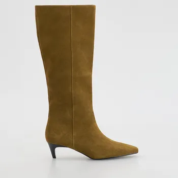 Dámské kozačky Reserved - Semišové kozačky na podpatku - teplá olivová - 095FF-19X - 095FF-19X-42