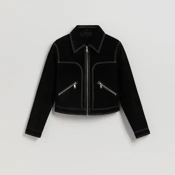 Dámský kabát Reserved - Semišová bunda s límcem - černý - WM909-99X - WM909-99X-M